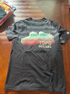 Topo Designs Black Kids Graphic Tee with Teal and Coral Print